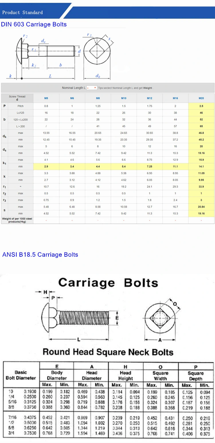 Galvanized &amp; Stainless Steel SUS304/316 (A2/A4) Round Head Square Neck Carriage Bolts