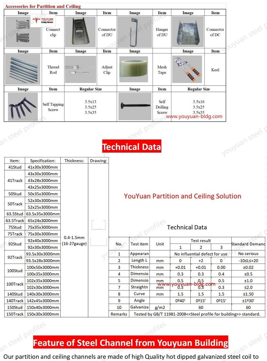 Gypsum Steel Stud and Track Drywall Metal Stud for Wholesale Metal Stud and Door Track